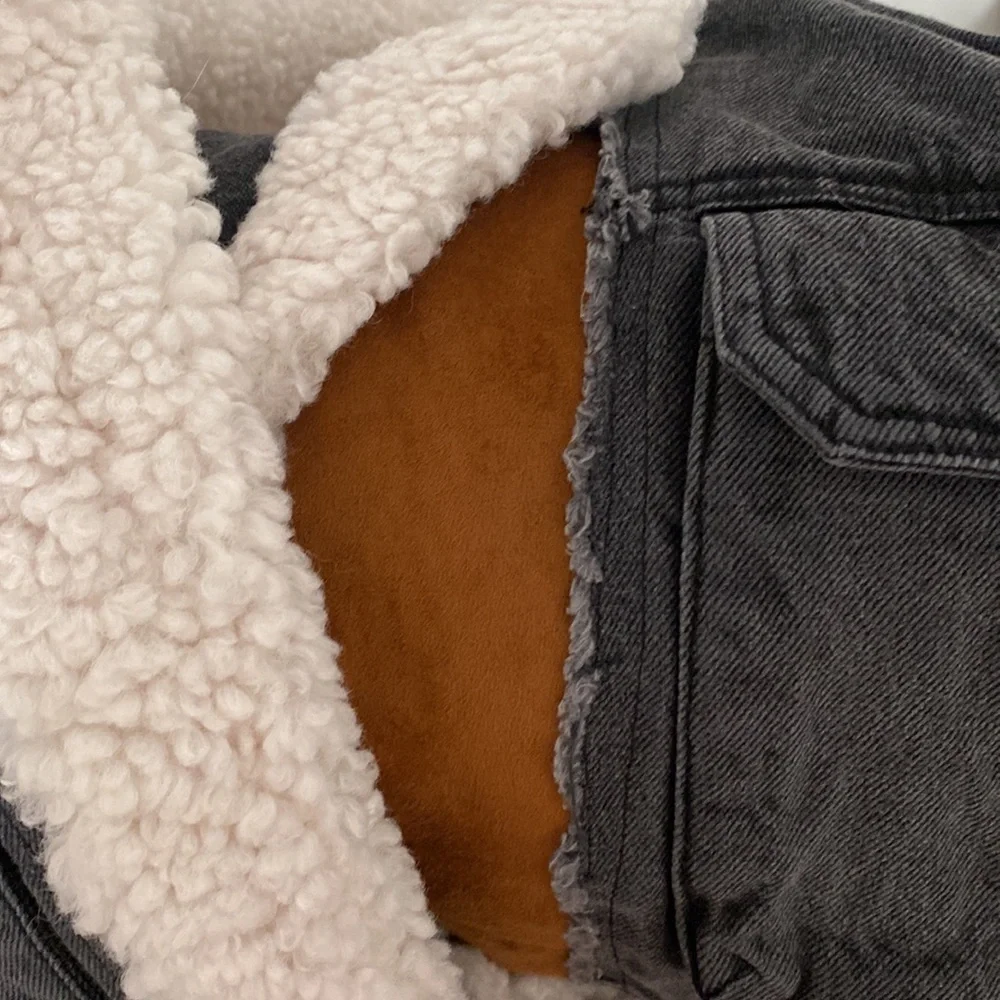 Free people washed black tan and Teddy coat jean  jacket - Picture 8 of 9